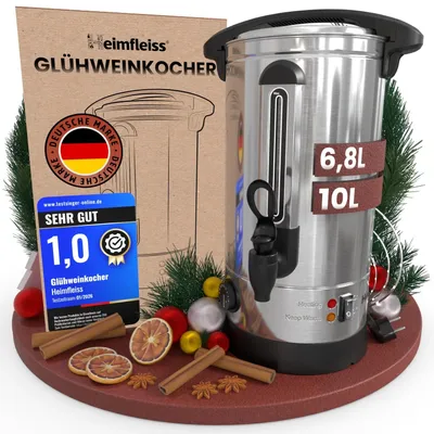 Produktbild von Heimfleiss Glühweinkocher Edelstahl 10 Liter mit Zapfhahn Heißgetränkespender Einkochautomat 1500 W 30-110 Grad Silber
