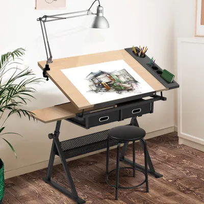 Produktbild von MIADOMODO® Zeichentisch - mit Hocker, Höhenverstellbar, Neigbar, 115 x 60 cm, 2 Schubladen, Holz, Schwarz - Schreibtisch, Arbeitstisch