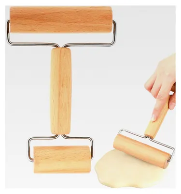 Produktbild von Teigroller aus Holz, kleine und mittlere Ausführung, mit zwei Rollen, geeignet zum Ausrollen von Teig für Pizza, Desserts und Knödel