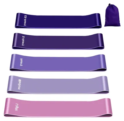 Produktbild von Fitnessbänder Set mit 5 Stück, 100% Naturlatex Widerstandsbänder inklusive Übungsanleitung und Tragetasche, Gymnastikband für Muskelaufbau, Pilates und Yoga