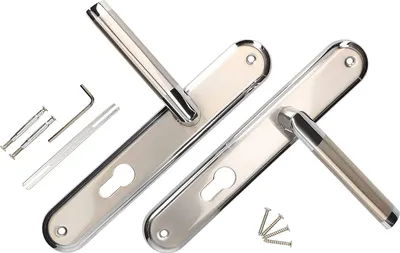 Two door handles with their mounting hardware are arranged on a white background.