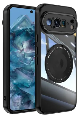 A black phone case with a camera lens design is shown on a black background.