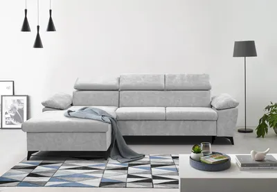 Produktbild von Ecksofa Colin für Wohnzimmer, schwarze MetallbeinePolsterecke Schlaffunktion Bettkasten (Stoff: sally 07 - silber, Ottomane: links)