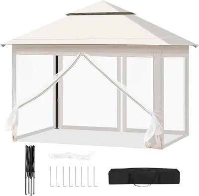 Produktbild von Pavillon 3x3 m, Faltpavillon mit Moskitonetz, Partyzelt wasserdicht stabil, höhenverstellbares Partyzelt UV-Schutz, Gartenpavillon mit 4 Seitenteilen, Festzelt mit Tragtasche, Beige