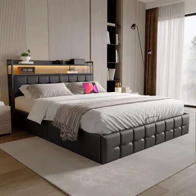 Obrázek produktu pro Čalouněná postel Fortuna Lai 160x200 cm, LED, USB, zásuvka, úložný prostor, umělá kůže, černá