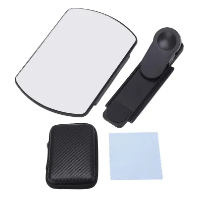 A flat lay of a smartphone camera lens attachment, a cleaning cloth, and a small carrying case against a white background.