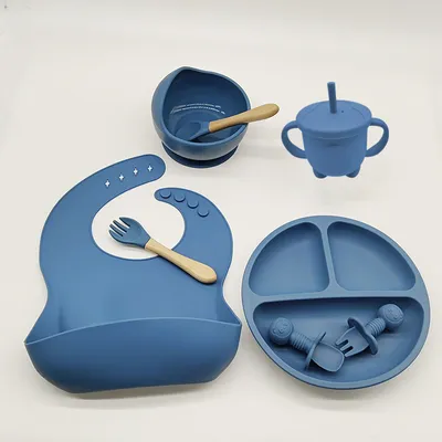 Imagen del producto de Juego de vajilla de silicona de alta calidad para niños, de 8 piezas, color azul marino