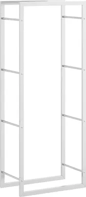 A white metal firewood rack with horizontal bars.