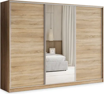 Produktbild von Masseno Schiebetürenschrank TARI 270/205/58 cm Kleiderschrank mit 4 Schubladen Schlafzimmer Schrank 3-türig mit Spiegel Sonoma Eiche