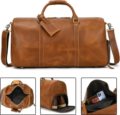 Produktbild von Vintage Reisetasche Herren Leder - Wochenendtasche zum Hängen - Große Gepäck 55 cm - Rindleder - Hellbraun Retro Stil - Reisetasche für Männer - Lederne Wochenendtasche mit Retro-Look.