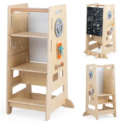 Produktbild von COSTWAY 2-Fach Tritthocker aus Holz, 4 in 1 Lernturm mit Tafel, Sicherheitsgeländer & Sinnesspiele, Küchenhelfer mit Tragegriff, 52x50x89cm, Natur