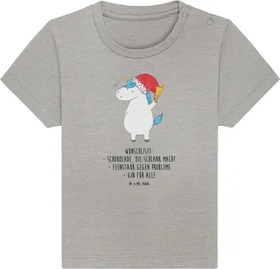 Produktbild von Mr. & Mrs. Panda  T-Shirt Einhorn Weihnachtsmann 6. - 12. Monat - Heather Grey - Geschenk, Nikolaus, Unicorn, Organic Baby, Shirt, Wunschzettel, Gin, Babyshirt