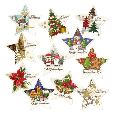 Produktbild von 12 Stück Dekor Sterne "Frohe Weihnachten", mit verschiedenen Motiven