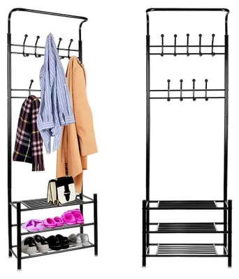 Produktbild von Garderobenständer mit Schuhregal, 3 Ablagen und 18 Haken, Schwarz, 65 x 29 x 192 cm