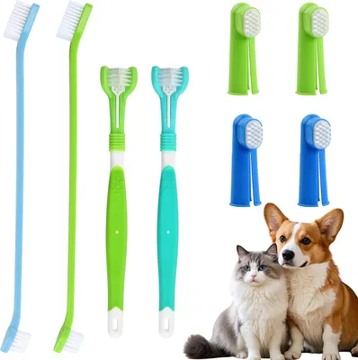 Immagine prodotto di Set di spazzolini per cani e gatti, composto da 8 pezzi, con spazzolini tripli, a dito e doppi, per l'igiene dentale