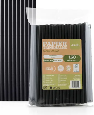 Produktbild von Trinkhalme in schwarz aus Papier,  Ø 8 mm / 20 cm, 150 Stück verpackt im Folienbeutel - Mank
