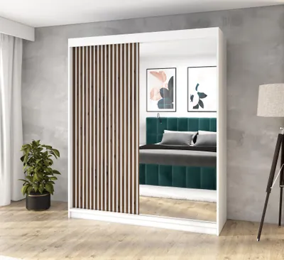 Produktbild von Schwebetürenschrank, 2-türig Schrank MID Spiegel und 3D-Lamellen Premum!! Moderne Garderobefür Kleidung. Kleiderschrank MID 180 cm.