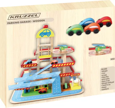 Produktbild von KRUZZEL Parkhaus für Kinder 3-Ebene Auto Garage aus Holz für Kinder über 3 Jahren - Set enthält 4 Autos, Hubschrauber - Parkgarage für Kinder Garage - Rollenspielzeug 22446