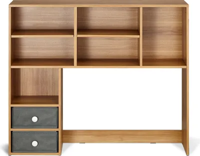 A wooden bookshelf with drawers, shown against a white background.