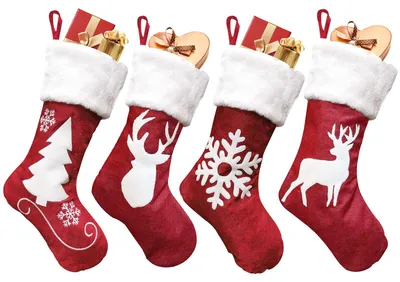 4 Weihnachtsstrümpfe, groß, Rentier, Tanne, Schneeflocke, 46x27x20 cm