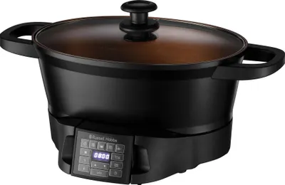 A black Russell Hobbs multicooker with a glass lid sits on a white background.