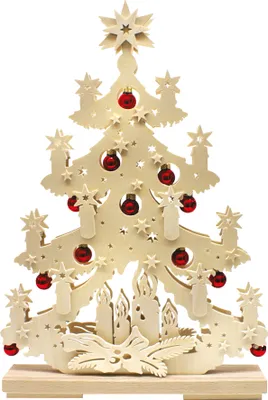 A wooden Christmas tree decoration with red baubles and candle holders.