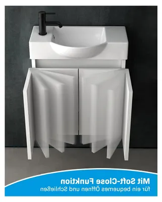 Produktbild von Waschbecken mit Unterschrank | Waschtisch Weiß | Waschbeckenunterschrank 55 cm Breit | Aufsatzwaschbecken mit Unterschrank | Möbel für kleines Gäste-WC