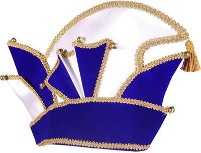 A jester's hat with blue and white panels, trimmed with gold braid and bells.