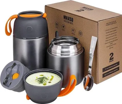 Produktbild von Thermosiegel für Speisen, 500 ml und 700 ml, Edelstahl, warmhaltebehälter mit faltschlaglöffel, Gerichte, Babyfutter, Suppe, Püree, Joghurt, Thermosiegel für Lebensmittel unterwegs, 2 Isolationsbehälter