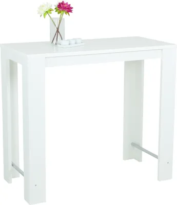 A white bar table with flowers and small dishes on top, set against a white background.