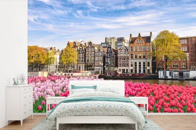Produktbild von MuchoWow® Fototapete für Wohnzimmer oder Schlafzimmer Wandtapete Vinyl Motivtapete Amsterdam - Blumen - 450x300 cm - Gemusterte