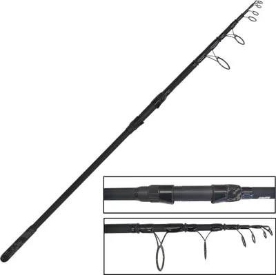 A black fishing rod is shown against a white background.