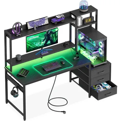 Gaming-Schreibtisch mit LED, USB, Schubladen, 137x48 cm, schwarz