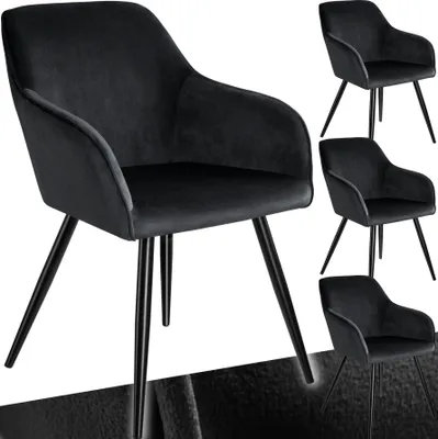 A collage of black velvet-look chairs with black metal legs, shown from different angles.