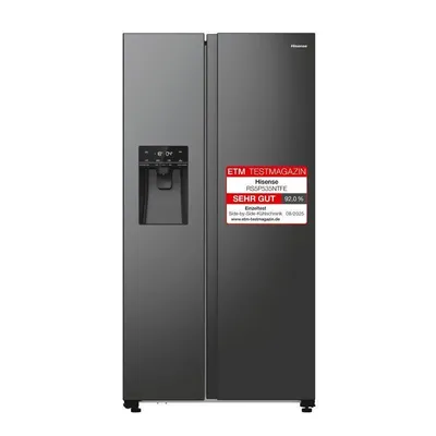 Produktbild von Hisense Side-By-Side Kühl-Gefrier-Kombination RS5P535NTFE, schwarz, Edelstahl, Wasser-/Eisspender, Total NoFrost, Multi AirFlow, FastFreeze, 376L Kühlteil, 190L Gefrierteil, 91.5x178.6x69.8 cm, 39 dB(A)