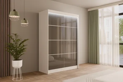 Produktbild von ALTDECOR Kleiderschrank mit Lacobel-Schiebetüren, kugelgelagerte Führungsschienen und Aluminium- Leisten, LED-Beleuchtung (weiß + 16 Farben) und Fernbedienung - PEKA3 - 150 cm Weiß / Grau