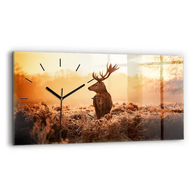 Produktbild von Wallfluent Wanduhr – Stilles Quarzuhrwerk - Uhr Dekoration Wohnzimmer Schlafzimmer Küche - Zifferblatt mit Strichen - schwarze Zeiger - 60x30 cm - Hirsch bei Sonnenaufgang