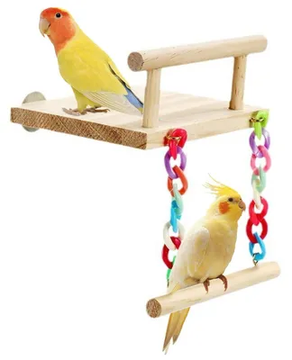 Productafbeelding van Houten vogel speelgoed, 14x12 cm. Zitstok met schommel en sprongplank, geschikt voor kleine tot middelgrote vogels