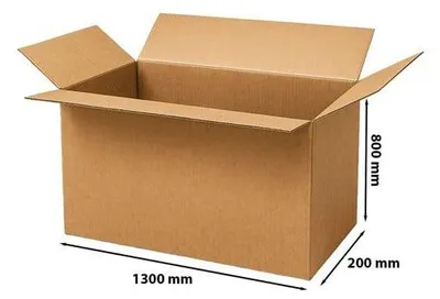A large, open cardboard box with dimensions indicated by text overlays.