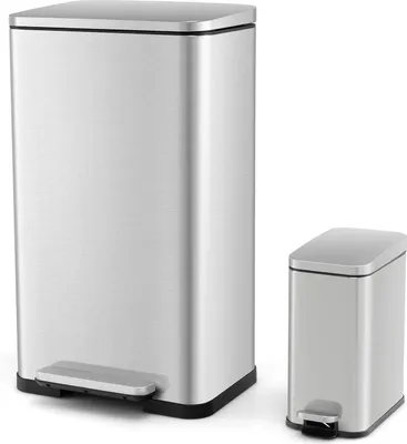 Zdjęcie produktu dla Zestaw 2 koszy na śmieci COSTWAY, 40L + 6L kosz na śmieci ze stali nierdzewnej, kosz na pedały z wyjmowanymi pojemnikami wewnętrznymi i pokrywą z miękkim zamknięciem, kosz na śmieci kuchenne, srebrny