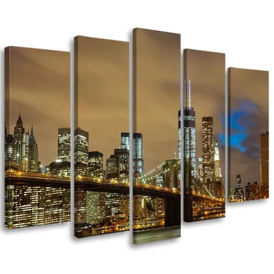 Produktbild von 5-teiliges leinwandbild new yorker brücke usa manhattan 150x100 cm Feeby beige wandbild bereit zum aufhängen