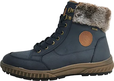 A single blue winter boot with brown sole and fur trim.