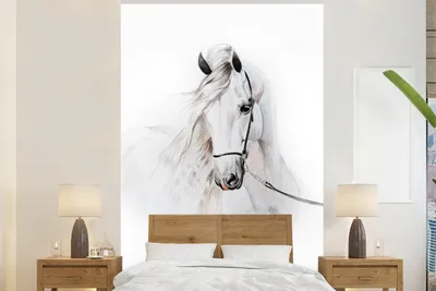 Produktbild von MuchoWow® Fototapete für Wohnzimmer oder Schlafzimmer Wandtapete Vinyl Motivtapete Pferd - Aquarell - Tiere - Weiß - 145x220 cm - Kindertapete - Wanddekoration