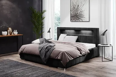 Image de Lit rembourré Beautysofa six avec pied de lit, lit avec cadre en métal, éclairage LED, pieds chromés (tissu : kronos 07 - noir, dim. : 180x200 cm)