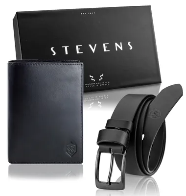 Zdjęcie produktu dla Zestaw portfel pasek STEVENS męski skóra naturalna czarny RFID 115cm 12x9,5 cm