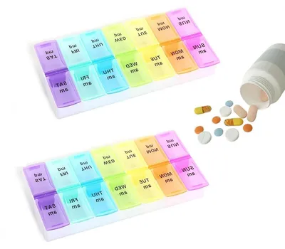 Immagine prodotto di 2 contenitori per farmaci da 7 giorni, con 2 scomparti per l'assunzione al mattino e alla sera