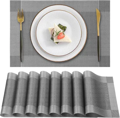 Produktbild von 8er Set Tischsets, abwaschbar, rutschfeste PVC Tischsets, gewebte Tischsets, reißfest, hitzebeständige Tischsets, Tischsets für Küche, Restaurant, Esstisch, 45 cm x 30 cm (Grau)