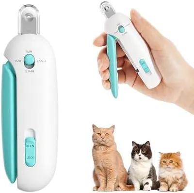 Produktbild von Potaroma Katzennagelschere mit verstellbarem 3-Größen-Schneideloch & integriertem Nagelfeilen | Sicherer Krallen-Schneider für Kätzchen & Indoor-Katzen | Anti-Spritz Krallenschneider | Sicherer Zehennagelschneider für Kätzchen und Hauskatzen, Spritzschutz Krallenschneider für die Fellpflege (blau)