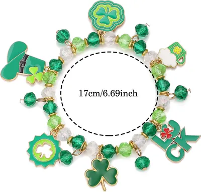 Produktbild von Kleeblatt-Armband, St. Patricks Day, Irischer Perlenschmuck mit Glasperlen und Anhängern, Glücksbringer-Armband für festliche Feiern, elastisches Kleeblatt-Armband