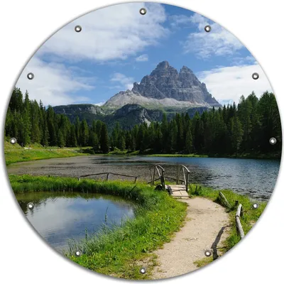 Produktbild von Wallario rundes Outdoor-Poster für Garten oder Balkon, Motiv See in Berglandschaft, 90 cm Durchmesser